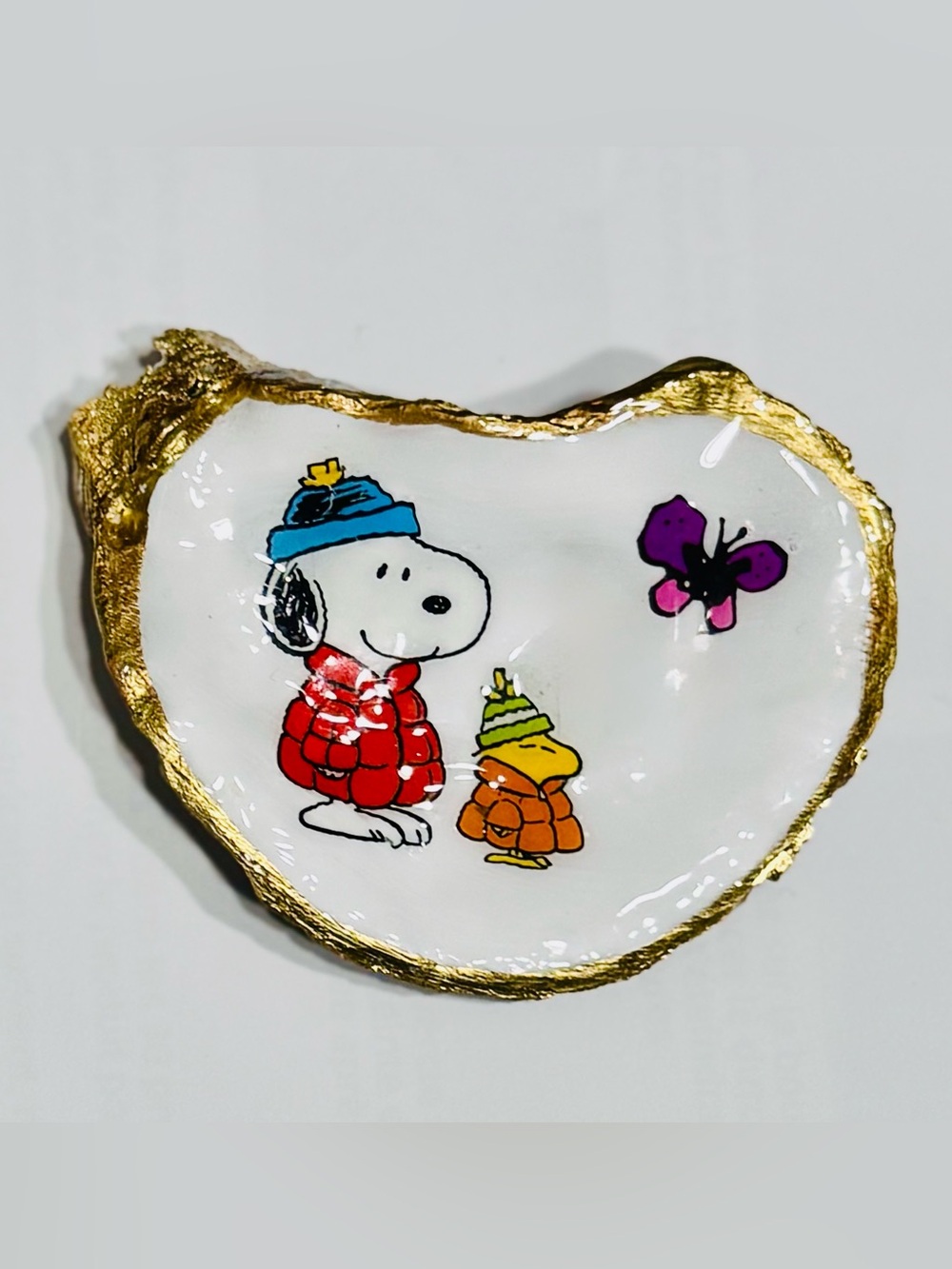 Hand-Painted White Ceramic Trinket Dish with Gold Edge